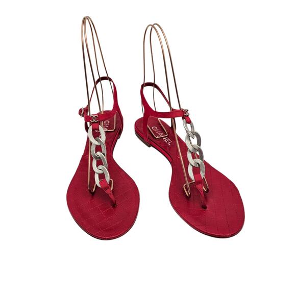 Chanel Shoes - Chanel CC Chain Flat Thong Sandal Quilted Red Leather Silver Size 39 US 8 8.5